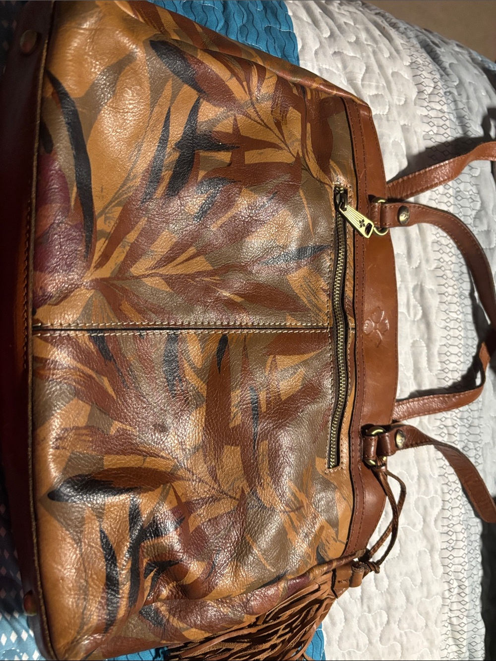Patricia Nash Brown Multi-Tone Leaf-Print Leather Tote